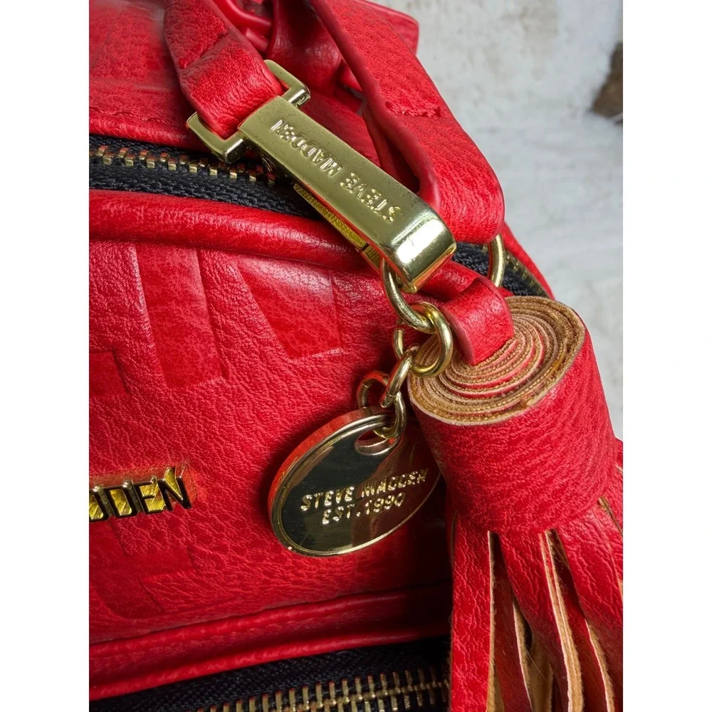 Steve Madden Red Embossed Logo Mini Backpack Gold Hardware Tassel Charm Womens